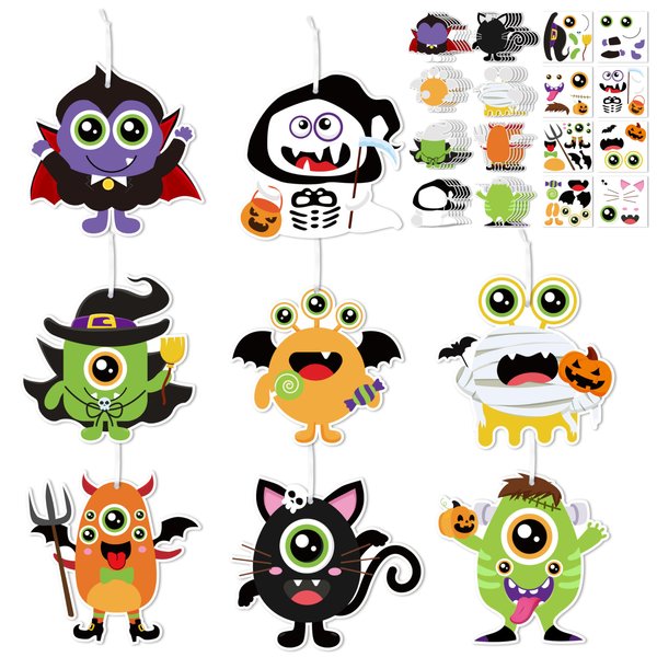 WATINC Halloween Crafts Kits for Kids - 40 Sets DIY Monster Hanging Ornament, Make Your Own Halloween Art Sticker Craft, Halloween Handicraft Home Classroom Game Activities Party Favor Tree Decoration