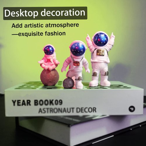 4 PCS Astronaut Figurine, Blue Astronaut Figure Toy Desktop Ornaments Resin Outer Space Birthday Cupcake Spaceman for Kids Party Funny Gift, 3PCS Astronaut and 1PCS Keychain, Desk Decor, Shelf Decor