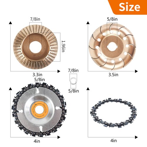 Pomsare Upgraded 4PCS Wood Grinding Wheel for 4" or 4 1/2" Angle Grinder, Grinder Wheel Shaping Disc w/Chain Attachment, Wood Carving Disc Tool for Cutting Sanding Polishing