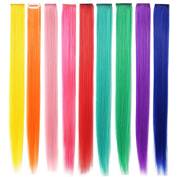 FAIRY COLOR 9PCS Girls Hair Accessories Party Highlights Colorful Clip in Synthetic Hair Extensions，Straight Long Hairpieces (Rainbow)