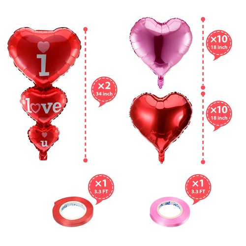 2 Pieces I Love You Red Heart Balloons and 20 Pieces Heart Shaped Foil Balloons with 2 Rolls Hanging Swirl Ribbon for Valentine's Day Decoration, 24 Pieces Totally