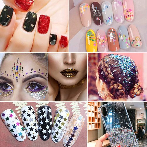 12 Colors Stars Nail Art Stickers Star Nail Glitter Sequins 3D Nail Art Decor Holographic Stars Shape Flakes Nail Design for Women Manicure Tips DIY Nail Charms Decorations Acrylic Nails Supply Kit