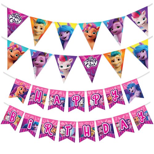 Treasures Gifted Officially Licensed My Little Pony Birthday Party Supplies - My Little Pony Birthday Banner Set of 3 - (1) My Little Pony Birthday Banner & (2) My Little Pony Banner Birthday Pennants