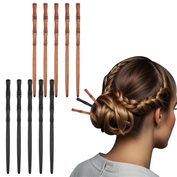 Xiuouix Wooden Hair Stick,10Pcs Hair Chopsticks for Women,Bamboo Shape Hair Sticks,Grace Hair Sticks for Women for Long Hair Women and Girls Hair Sticks for Long Hair (A-Black, brown)