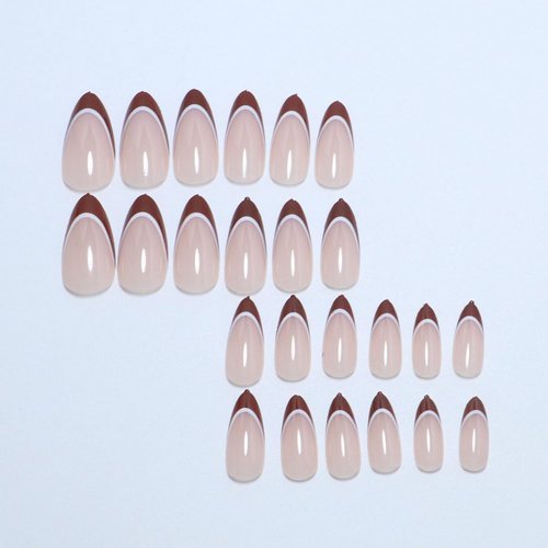24pcs Almond Press on Nails Fall Short Fake Nails Brown White French Tip False Nails with Solid Color Designs Full Cover Glossy Acrylic Glue on Nails for Women Manicure DIY Decorations