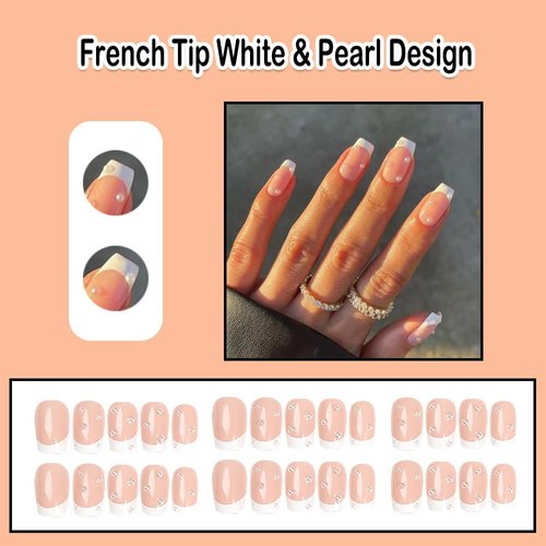 ANDGING French Tip Press on Nails White Coffin Short Medium Fake Nails with Pearl Design Glue on Nails for Women Gel Acrylic False Nails with Glue Full Cover Stick on Nails for Wedding Birthday 24Pcs
