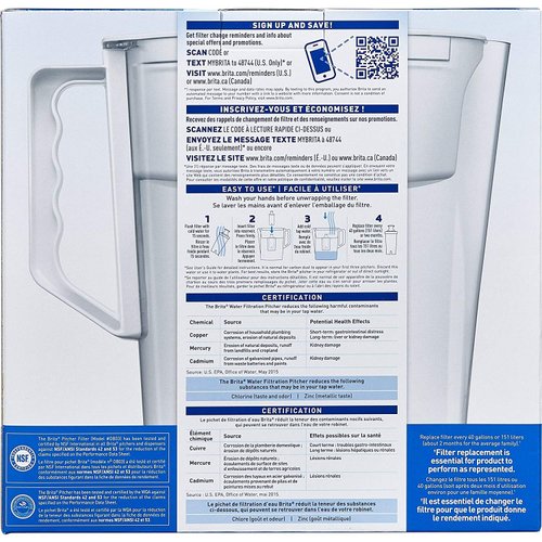 Brita Water Pitcher, Slim, Capacity, Includes One Advanced Filter, White - 5 Cup Size