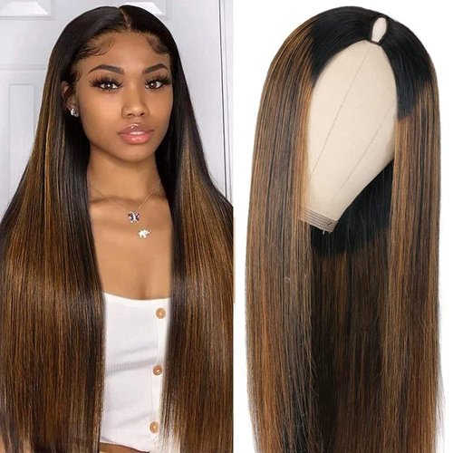 Dixtefo FB30 Ombre V Part Wig Human Hair No Leave Out Upgrade Straight U Part Wig Highlight Blonde No Glue Brazilian Virgin Straight Human Hair Wigs for Women Colored Brown 180% Density 22 Inch