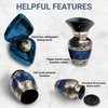 Small Keepsake Cremation Urns for Human Ashes with Velvet Heart Case and Funnel - Beautiful Peaceful Dark Blue Brass Hand Engraved Mini Memorial Urn