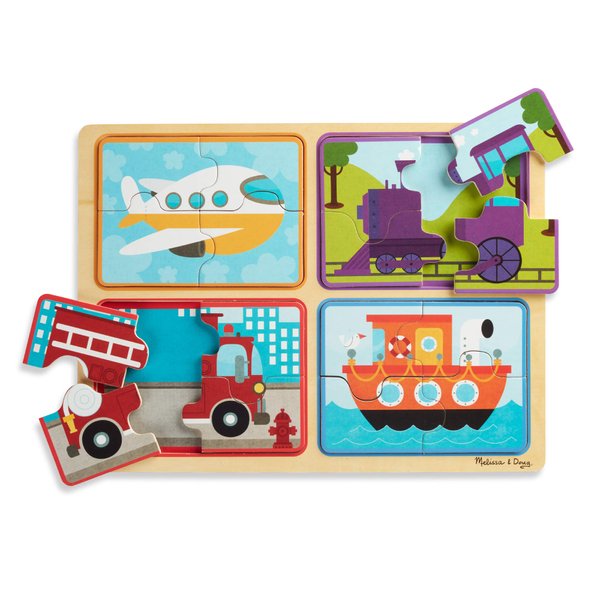 Melissa & Doug Natural Play Wooden Puzzle: Ready, Set, Go (Four 4-Piece Vehicle Puzzles)