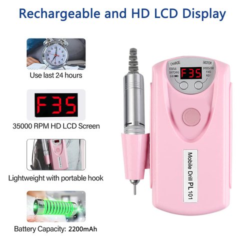 Electric Nail Drill Machine,Professional Rechargeable 35000 rpm Nail Drill, Portable Acrylic Gel Grinder Tools with 6 Bits and Sanding Bands,Manicure Pedicure Polishing Shape Tools Pink
