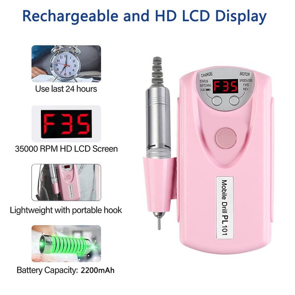Electric Nail Drill Machine,Professional Rechargeable 35000 rpm Nail Drill, Portable Acrylic Gel Grinder Tools with 6 Bits and Sanding Bands,Manicure Pedicure Polishing Shape Tools Pink