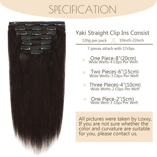 Loxxy Brazilian Yaki Straight Clip in Hair Extensions Real Human Hair 12 inch 100% Remy Unprocessed Soft Clip on Extensions Full Head Natural Color #1B for Black Women,YK 7pcs/set 120g/set