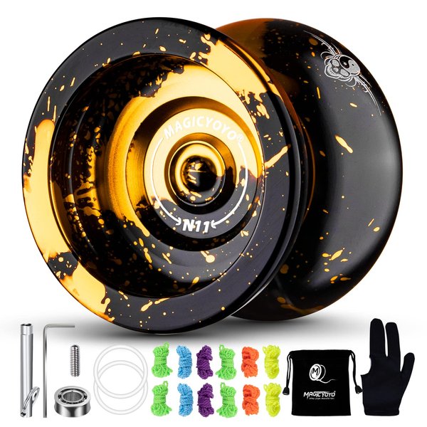 MAGICYOYO Dual Purpose Yoyo- Responsive Yoyo N11 & Unresponsive Yoyo Alloy YoYo with Yoyo Glove + Bag + Unresponsive Bearing Kit + 12 Yoyo Strings -Black Golden