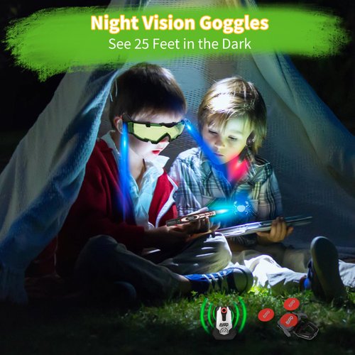 Kids Night Vision Goggles Spy Kit, 5 Pcs Spy Gear Toys Set, Cool Night Mission Goggles with Flip-Out Light/ Invisible Ink Pen/ Ear Light/ Motion Alarm/ Frisbee Shooter, Gifts for Kids 5-12 Boys Girls