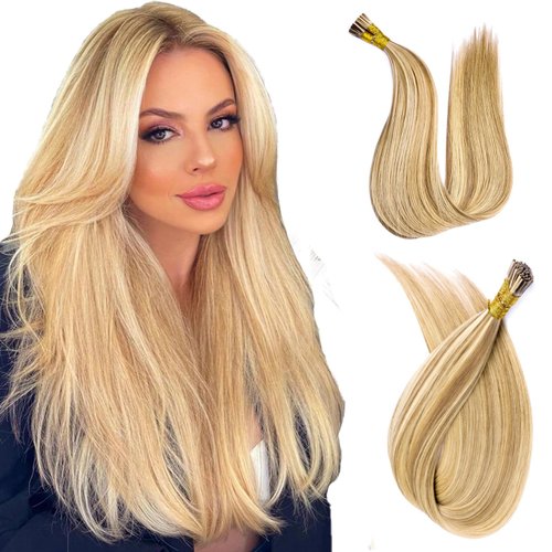 MioYio I Tip Hair Extensions Human Hair 30G/Pack Virgin Hair Itip Human Hair Extensions Dark Blonde to Highlighted Blonde Pre Bonded I Tip Real Hair Extensions Long Straight #18/613 22Inch