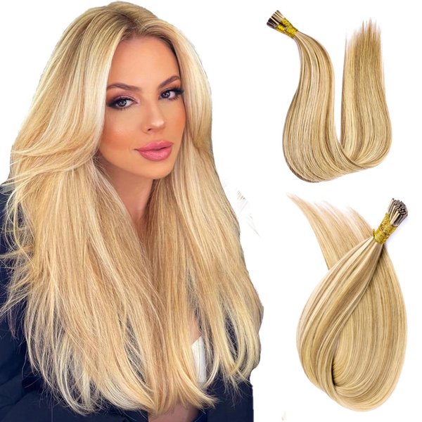 MioYio I Tip Hair Extensions Human Hair 30G/Pack Virgin Hair Itip Human Hair Extensions Dark Blonde to Highlighted Blonde Pre Bonded I Tip Real Hair Extensions Long Straight #18/613 22Inch