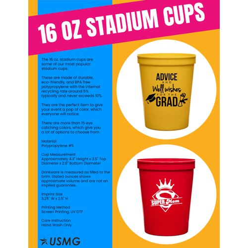 12 PCS One Color Print Custom 16 oz Stadium Cups, Reusable Party Cups For Birthday, Wedding, Events, Brand Promotion or Bbq Picnics (Black)