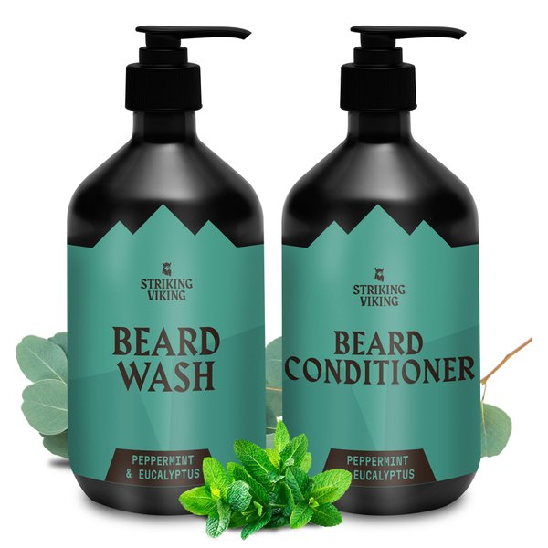 Striking Viking Beard Wash Conditioner - Beard Shampoo Paraben & Sulfate Free for Men - Deep Cleansing for all Beard Types (Beard Wash & Conditioner (Peppermint & Eucalyptus)