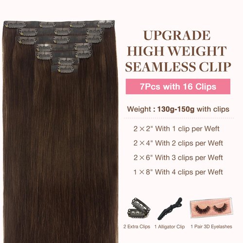 GOO GOO Clip in Hair Extensions Real Human Hair, 16inch 130g 7Pcs, 4A Chocolate Brown, Remy Human Hair Extensions Clip ins for Women, Natural Human Hair