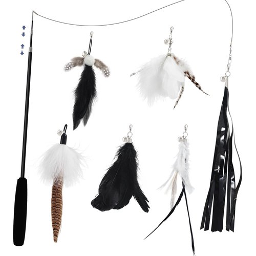 SONGWAY Cat Wand Toys for Indoor Cats - Cat Feather Toys with Retractable Cat Stick and 6 PCS Fairy Cat Teaser Toy Refills, Butterfly Tassel Plush Cat Toys Interactive, Black