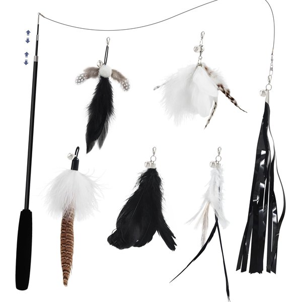SONGWAY Cat Wand Toys for Indoor Cats - Cat Feather Toys with Retractable Cat Stick and 6 PCS Fairy Cat Teaser Toy Refills, Butterfly Tassel Plush Cat Toys Interactive, Black