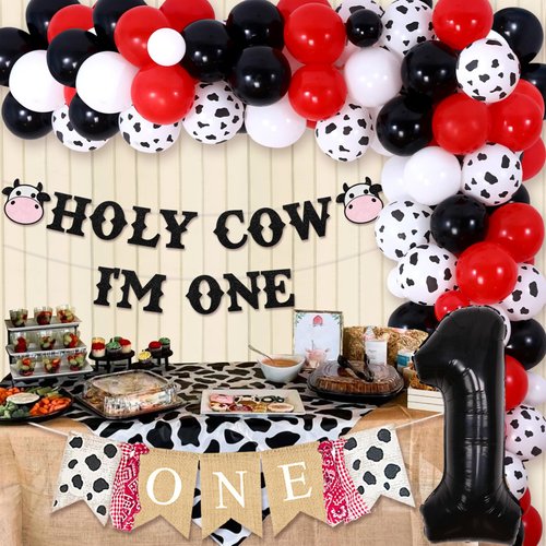 Holy Cow I’m One First Birthday Decorations Red and Black, Cow 1st Birthday Balloon Garland Arch Kit, Farm Animals Cow Balloons With One Highchair Banner One Year Old Party Supplies