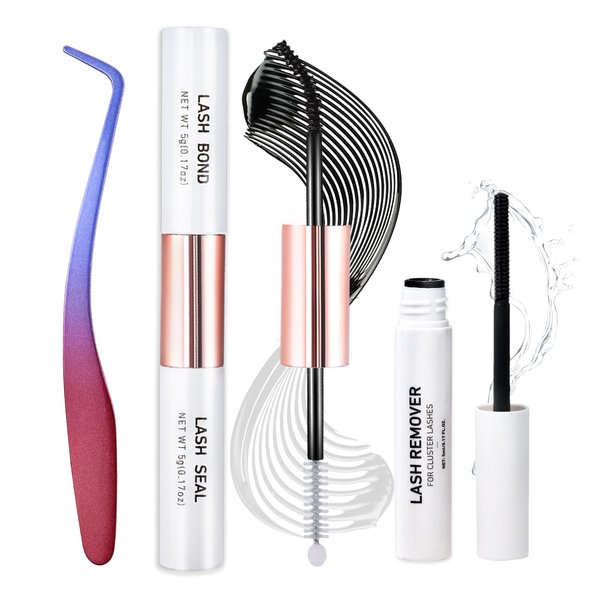 Miuffue 3 PCS Lash Kit Lash Bond and Seal with Lash Tweezers Cluster Remover Kit, DIY Eyelash Glue and Lash Applicator Tool Cluster Eyelash Glue Remover Fast Removal with No Residue