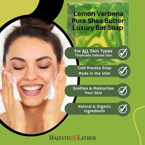 Majestic Lather Lemon Verbena Luxury Bar Soap for Face & Body. Cleanse, Nourish & Moisturize Skin. For All Skin Types. Handmade in the USA.