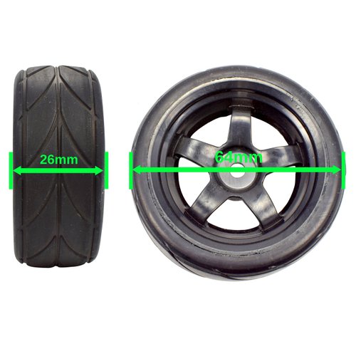 Apex RC Products 1/10 On-Road 12mm Black 5 Spoke Wheels V Tread Rubber Tires (Set of 4) #5000