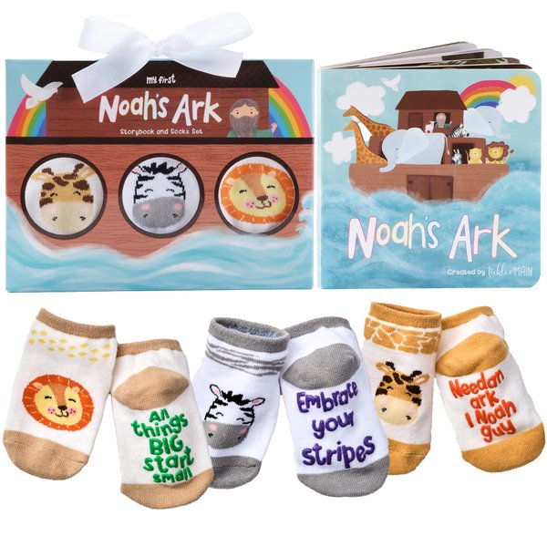 Tickle & Main Noah’s Ark 4-Piece Gift Set for Infants 0-12 Months, Includes Storybook and 3 Pairs of Animal Socks Noah Arc Noahs Ark Book for Baby