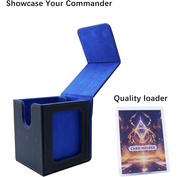 CMFYlive Card Deck Box with Commander Display, MTG Deck Box Fits 100+ Double Sleeved Cards, PU Leather Cards Storage Box TCG Card Storage Box with 2 Dividers and 1 Toploader (Black&Blue)