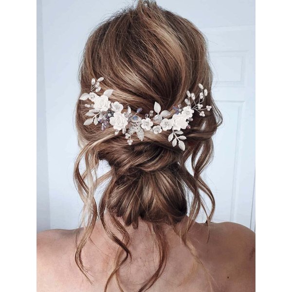 Catery Flower Bride Wedding Headbands Silver Hair Vine Blue Rhinestones Bridal Headpiece Leaf Wedding Hair Accessories for Women and Girls