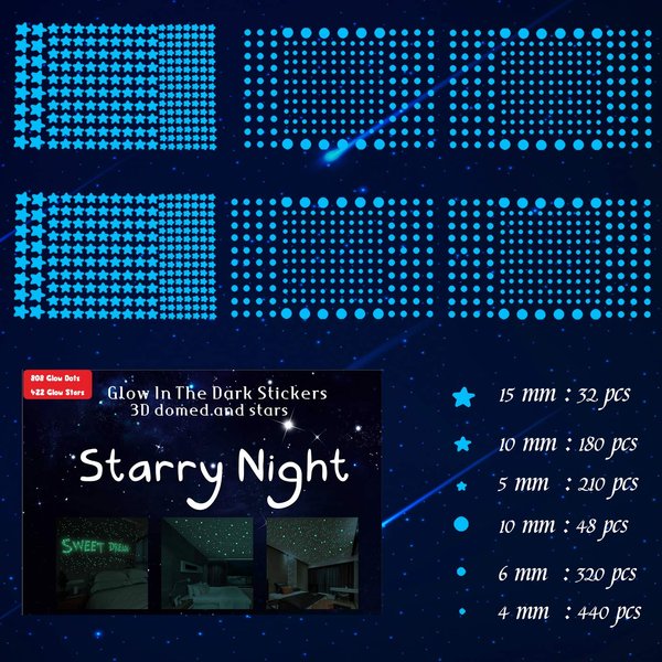 1230 PCS Ultra Glow in The Dark Stars Wall Stickers, 3D Adhesive Dots Decor Starry Sky Decor for Kids Bedroom or Birthday Gift,Beautiful Wall Decals - Sky Blue