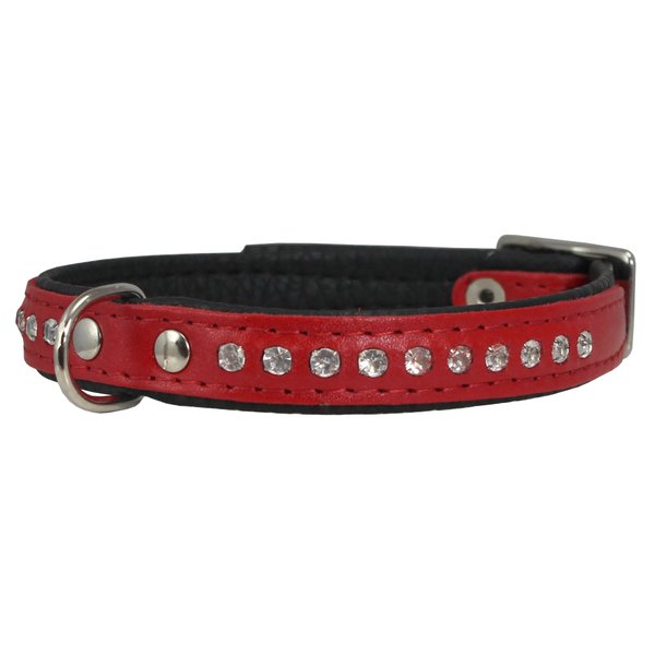 Dogs My Love Rhinestone Genuine Leather Dog Collar (Red, 9.5"-11" Neck)