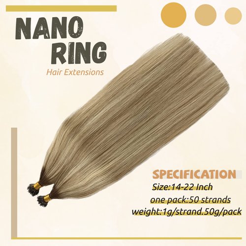 Highlights Nano Bead Hair Extensions Human Hair,18 Inch Colored #8/18/60 Brown to Ash Brown with Platinum Blonde 100% Natural Human Hair Extensions Nano Ring Remy Hair Extensions 50G/50S