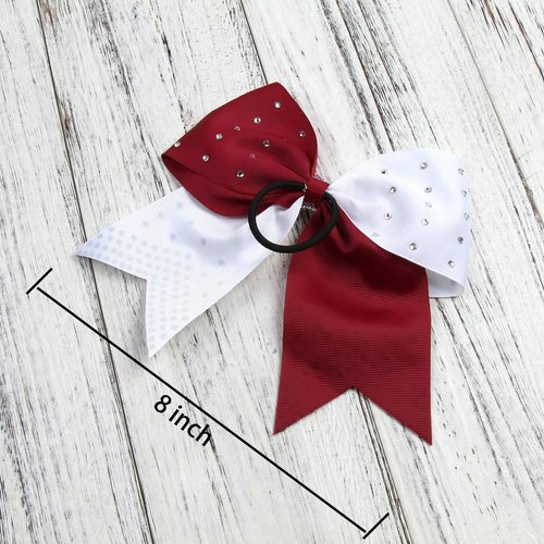 8 Inch 2 Colors Cheerleader Bows Ponytail Holder with Bling Fling Rhinestones Hair Tie Cheerleading Bows 6 Pcs (Maroon/White)