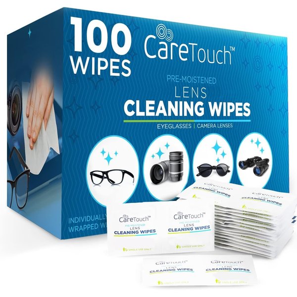 Care Touch Lens Wipes for Eyeglasses | Individually Wrapped Eye Glasses Wipes | 100 Pre-Moistened Lens Cleaning Eyeglass Wipes