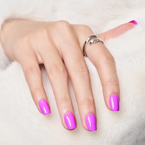 Wooyas Press on Nails Short Square, Pink Glossy Fake Nails Made by Soft Gel，Reusable Salon Perfect Handmade Short Press on Nails in 12 Sizes - 24 Pcs Soft Gel Glue On Nails Kit, Pink Purple Color