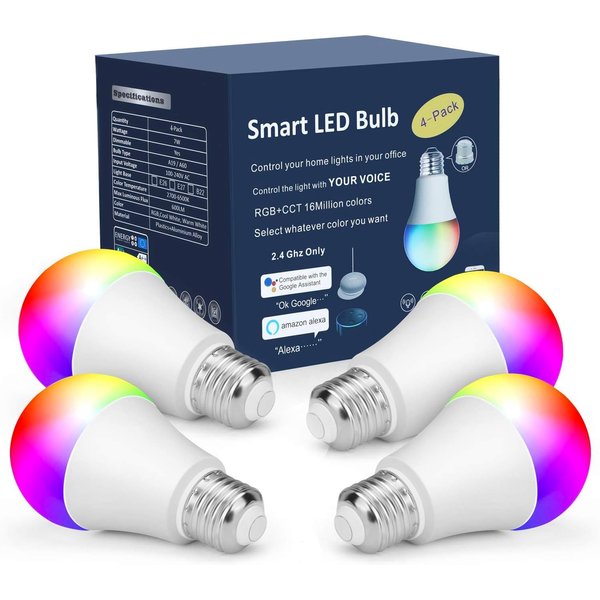 Smart Light Bulbs,Color Changing Light Bulbs That Work with Alexa and Google Assistant,2.4GHz WiFi & Bluetooth Music Sync Multicolor LED Bulbs,7W(60W Eqv.) E26 A19 for Smart Home Lighting-4PACK