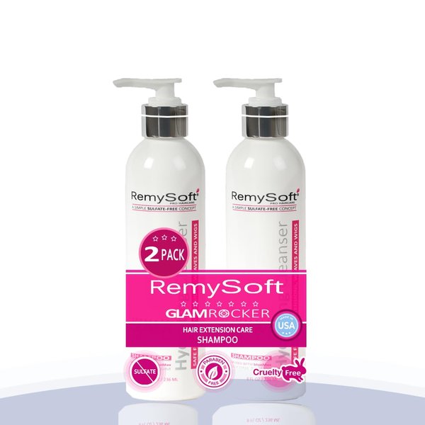 RemySoft Shampoo 2 Pack - Glam Rocker Hydrating Cleanser - Safe for Hair Extensions, Weaves and Wigs - Salon Formula Shampoo 8oz x 2 - Gentle Sulfate-free Lather