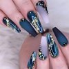 24 Pcs Press on Nails Long Coffin Dark Blue Glossy Fake Nails Purple Gradient Matte Full Cover False Nails with Color Rhinestone and Gold Sequins Designs Extra Long Glue on Nails Acrylic Nails for Women and Girls