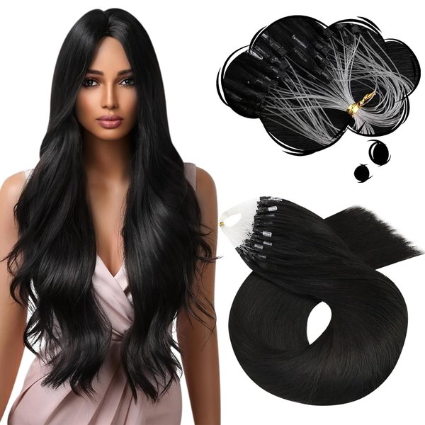 Moresoo Microlink Hair Extensions Human Hair 22 Inch Beaded Hair Extensions Human Hair Color #1B Off Black Hair Extensions Microbead Hair Extensions Human Hair 50G/50S Extensions Human Hair Natural