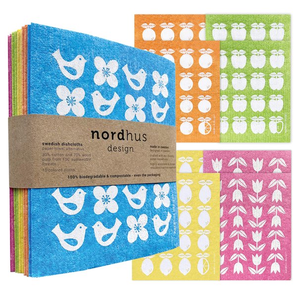 Nordhus Design Swedish Dishcloths,10 Cloths, Made in Sweden - Reusable, Washable Cellulose Cotton Kitchen Cloths - Replace Paper Towels, Wipes, Sponges, Dish Rags