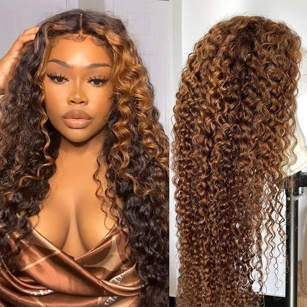 CYNOSURE Highlight HD Transparent Lace Front Wig Human Hair Pre Plucked 180% Density Flawless Hairline Curly Human Hair Wigs for Black Women 4/30 Colored Wigs (24, 4/30highlight)