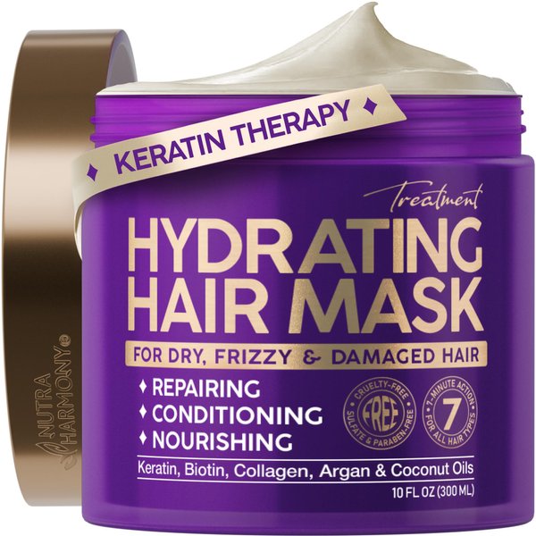Hydrating Hair Mask for Damaged Hair - Keratin Hair Mask with Biotin, Argan & Coconut Oils - Deep Conditioning for Dry, Frizzy & Colored Hair - For All Hair Types - Sulfate & Paraben-Free - 10 fl oz