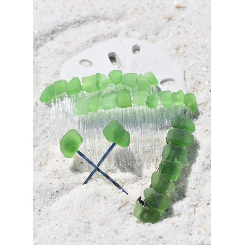 Genuine Surf Tumbled Green Sea Glass Hair Clip Set - Includes 2 Hair Combs, 1 60 mm French Barrette, 2 Hair Pins