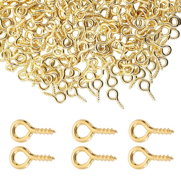 300PCS Screw Eye Pins, 10mm Small Eye Screws Small Eyelets, Small Screw Eye Pins Self Tapping Screws Hooks Ring, Threaded Eyelet Screw Gold Screw Eye Hooks for Valentine's Day Woods Arts Crafts Making