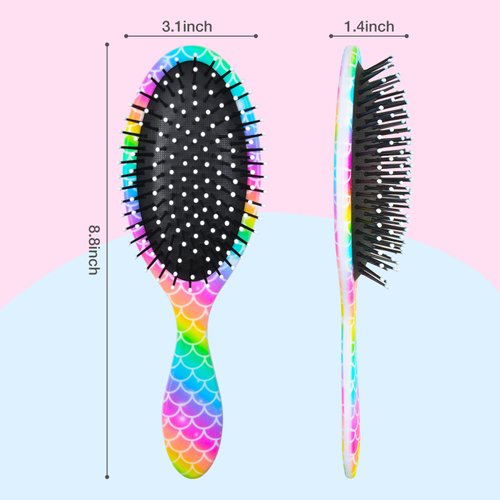 Ausletie Rainbow Mermaid Hair Brush for Girls and Women, Wet Dry Brush Detangler for Curly Hair, Pain Free Comb for All Hair Types