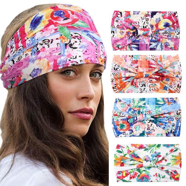 Urieo 4 Pcs Boho Wide Head Band Floral Printed Hairband Stretchy Colorful Turban Headbands Yoga Sports for Women